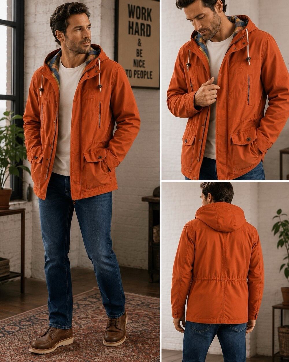 Lucky Brand Hooded Utility Field Jacket Men’s M Rust Orange Plaid Lined Coat